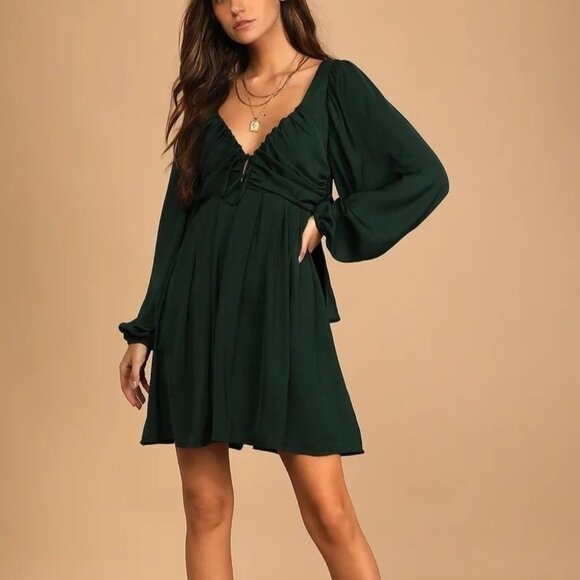 Lulus Dresses & Skirts - Lulus Forever Tied to You Satin Tie-Back Mini Dress Long Sleeve Green Size Large